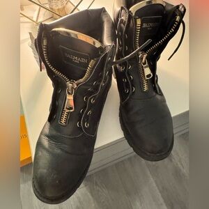 Black Leather Ankle Boots with Gold Accents